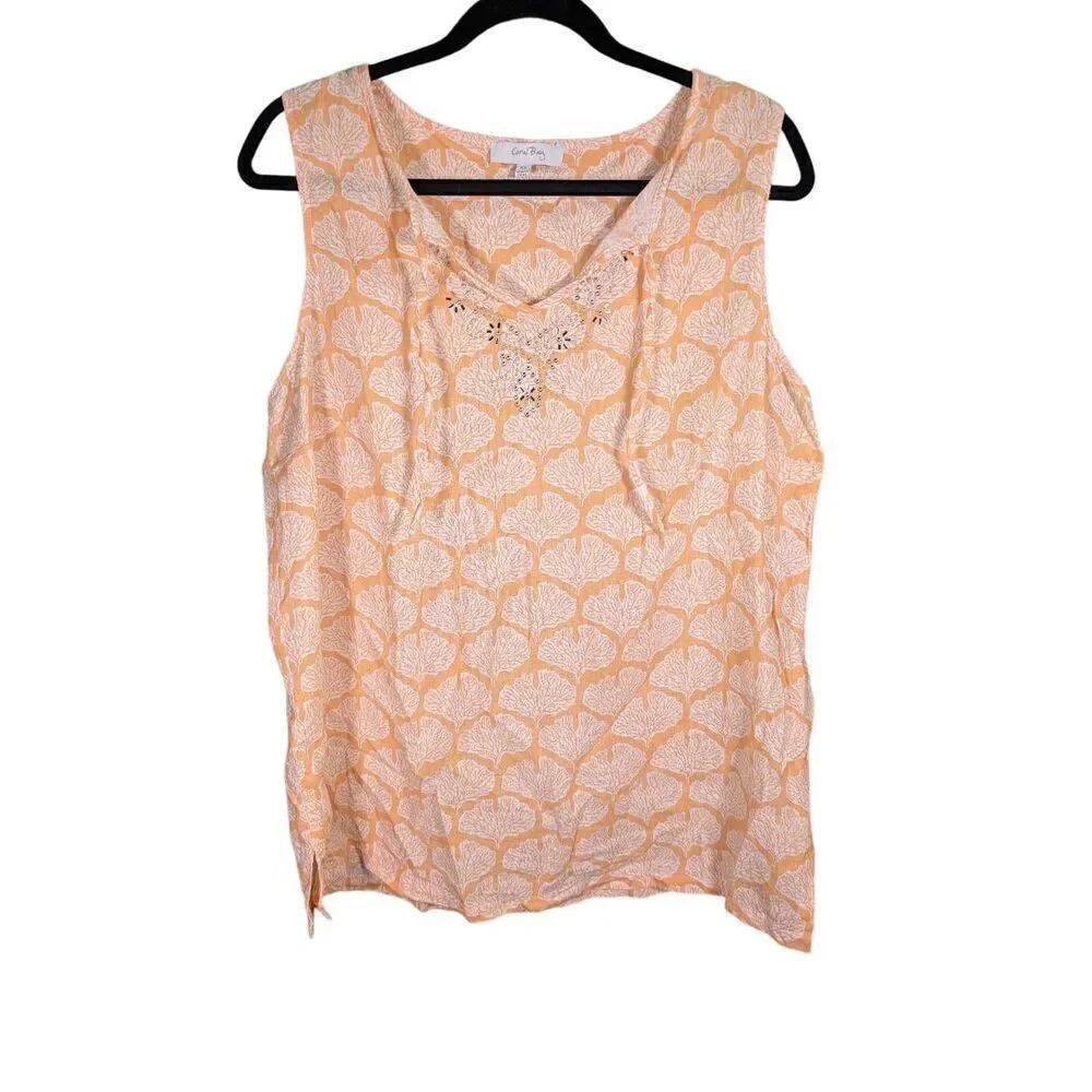 Coral Bay Sleeveless Orange/peach Color with Beaded V-Neck Linen Top Women's XL